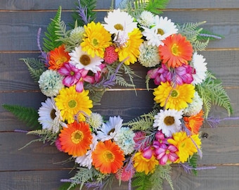 Corona de flores coloridas para puerta de entrada, corona floral artificial para puerta, decoración brillante para el hogar.