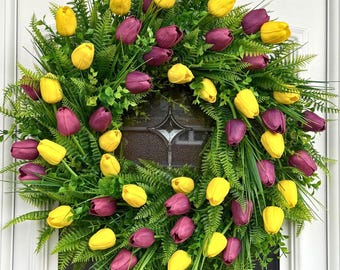 Corona de tulipanes de primavera para puerta de entrada, corona de tulipanes amarillos y morados, decoración de puerta de Pascua, regalo para el Día de la Madre, decoración de primavera para el hogar.