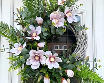 Corona de magnolia grande, corona de primavera para puerta de entrada, corona de primavera y verano para puerta