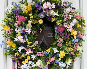 Corona de primavera para puerta de entrada, corona de flores silvestres, decoración floral para puerta de entrada, corona de jardín de primavera, decoración primaveral para el hogar