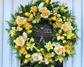 Corona de Pascua con huevos, corona de Pascua para puerta, corona amarilla de primavera con huevos, corona de peonía, lirio, tulipán y narciso, decoración primaveral para puerta.