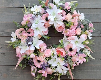 Corona de flores pastel para puerta, rosa y blanca, para puerta de entrada, decoración para bodas, primavera y verano, romántica.