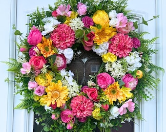 Corona de primavera para la puerta principal, corona colorida, decoración brillante para la puerta, corona de primavera/verano para la puerta principal, corona de flores rosas