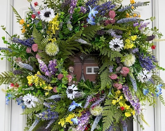 Corona de flores silvestres de primavera para puerta de entrada, corona de flores silvestres, corona de primavera para puerta de entrada, corona floral para puerta