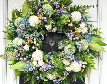 Corona de primavera para puerta de entrada, corona de Pascua con minihuevos, corona para el Día de la Madre, decoración primaveral para puerta en tonos pastel, corona floral de Pascua.