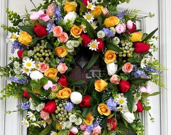 Corona de tulipanes para puerta de entrada, corona de primavera, corona de primavera colorida, corona floral para puerta, decoración primaveral para el hogar.