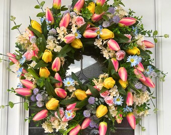 Corona de tulipanes de primavera, corona de primavera para la puerta principal, corona de tulipanes artificiales, corona floral para la puerta, corona grande de primavera