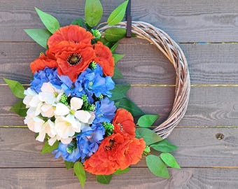 Corona floral roja, blanca y azul para puerta, decoración de flores artificiales para puerta de entrada con amapolas y hortensias.