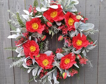 Corona floral de amapola roja para puerta, corona de estilo rústico, corona floral roja con orejas de cordero
