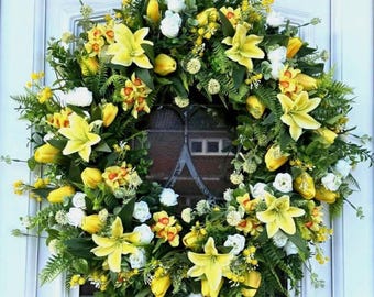 Corona de primavera amarilla, corona de primavera para puerta de entrada, corona de tulipanes y lirios, corona de narcisos, corona estilo cabaña