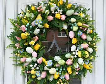 Corona de Pascua, corona de primavera para puerta, coronas de tulipanes para puerta de entrada, decoración de Pascua para puerta, corona pastel
