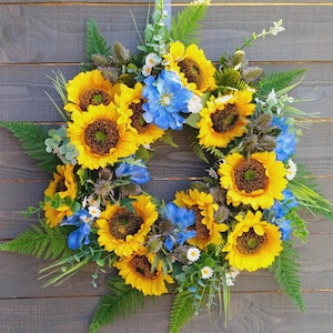 Sunflower Wreath, Summer Front Door Wreath, Yellow and Blue Flower Wreath, Large Farmhouse Wreath, Country Porch Décor, Harvest Wreath
