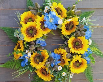Corona de girasol, corona de verano para puerta de entrada, corona de flores amarillas y azules, corona de granja grande, decoración de porche campestre, corona de cosecha
