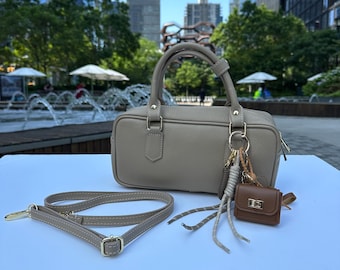 Italian Leather Crossbody Bag: Beige Shoulder Bag with Gold Hardware