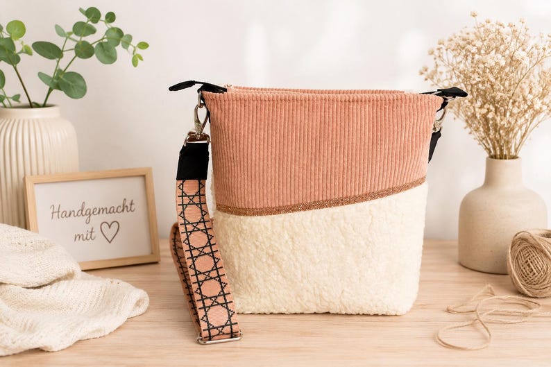 May include: A peach and cream-colored shoulder bag with a patterned strap. The top half is corduroy, and the bottom half is a fluffy material. The bag has a black strap and silver hardware. A sign that says "Handgemacht mit" is in the background.