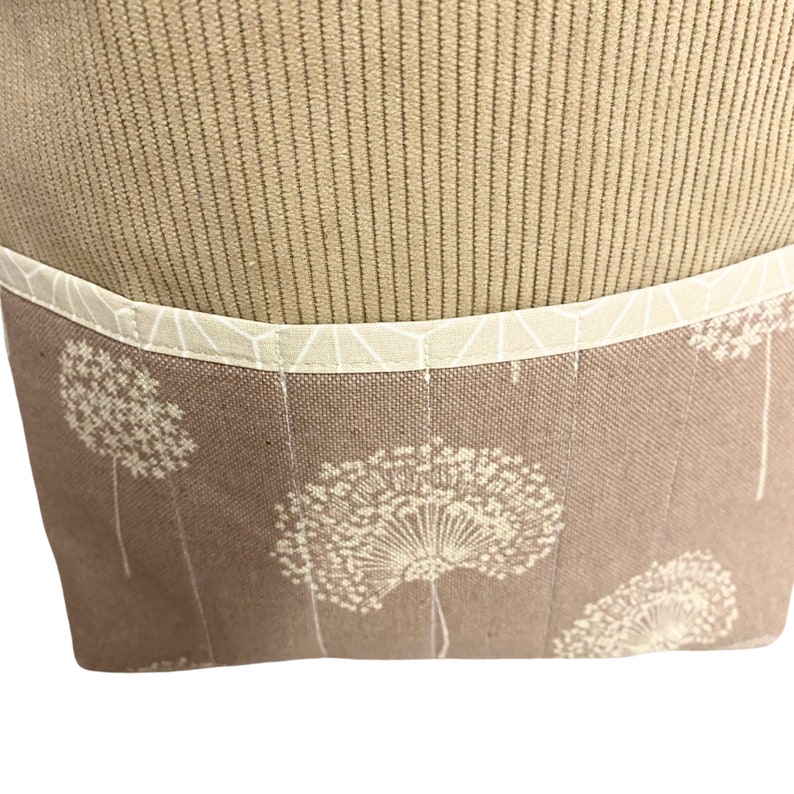 May include: A beige canvas tote bag with a white fabric lining and a white dandelion print. The bag has a brown ribbed fabric top.