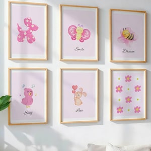 Pink Floral & Animal Nursery Child&#39;s Room Wall Art Print Set: Floral Digitial Download