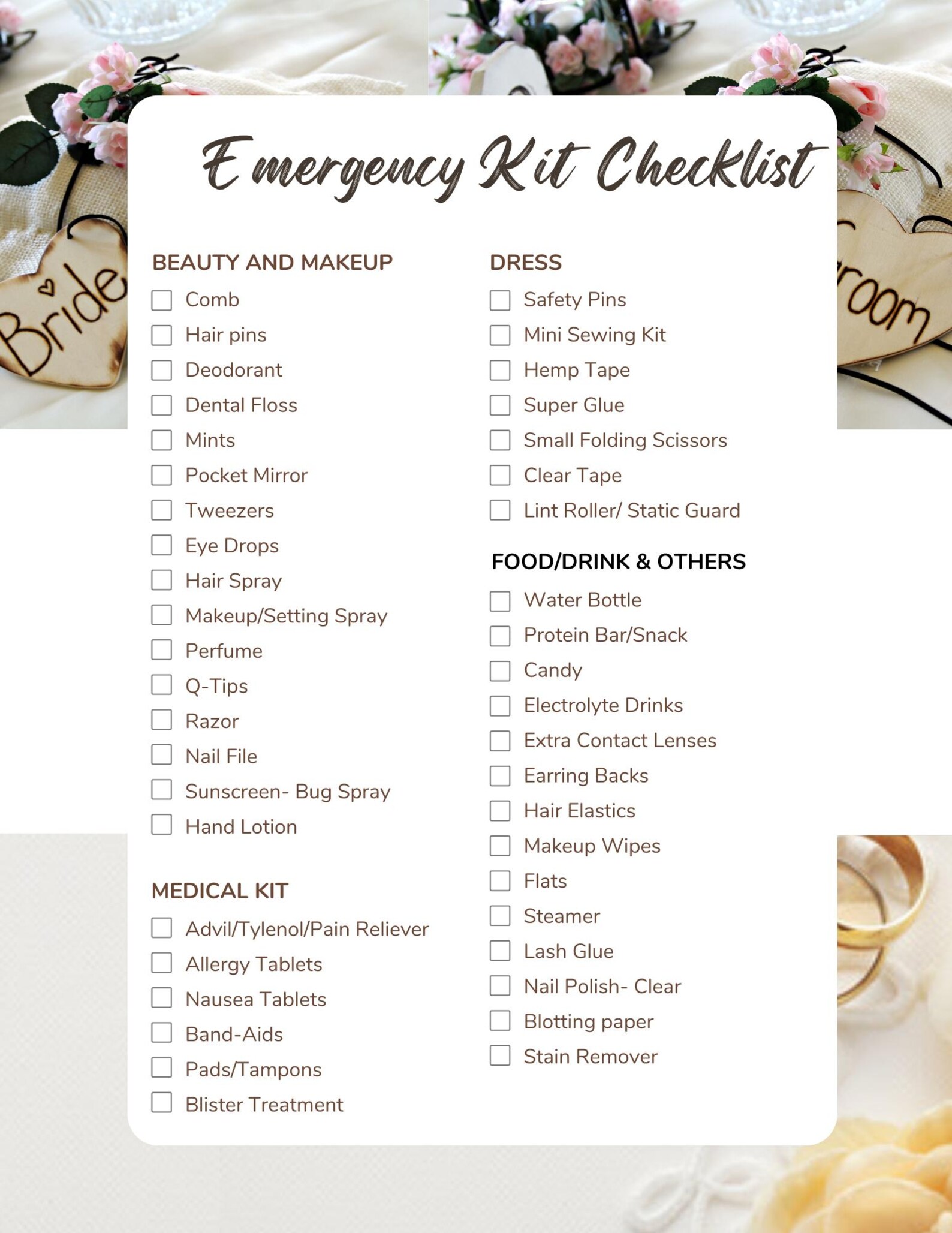 Wedding Emergency Kit Checklist - Etsy