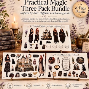May include: A three-pack bundle of sticker sheets titled Obscurest Methods Practical Magic Three-Pack Bundle, featuring illustrations of characters, a Victorian house, black cats, herbs, and potion bottles inspired by Alice Hoffman's work.