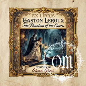 May include: A rectangular bookplate featuring an ornate gold frame with gargoyles and floral motifs. The text reads EX LIBRIS GASTON LEROUX The Phantom of the Opera. An illustration shows a man in a mask and a woman in a gown near a boat. BELONGS TO: Opera Ghost.