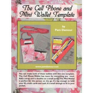 May include: A sewing template for making a cell phone wallet and a mini wallet. The template is printed on white paper with black lines. The image shows two finished wallets, one with a floral print and the other with a red and white striped print.