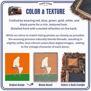 May include: Image showcasing a woven textile with a ghost ironing design. The text reads "COLOR & TEXTURE" and describes the weaving process using red, blue, green, gold, white, and black yarns. The image also shows the original design and the woven result.