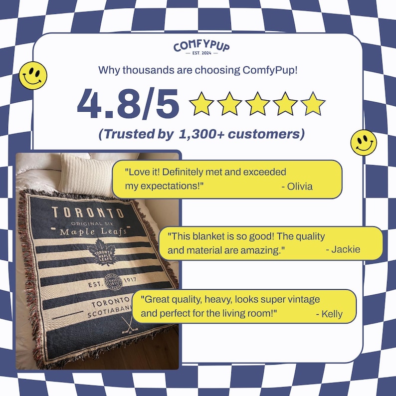 May include: A navy blue and white Toronto Maple Leafs blanket with the text "TORONTO ORIGINAL SIX Maple Leafs" and customer reviews. The blanket has a striped design and a vintage aesthetic. The image also includes the ComfyPup logo and a 4.8/5 star rating.