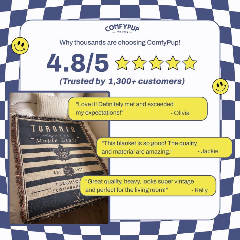 May include: A navy blue and white Toronto Maple Leafs blanket with the text "TORONTO ORIGINAL SIX Maple Leafs" and customer reviews. The blanket has a striped design and a vintage aesthetic. The image also includes a 4.8/5 star rating.