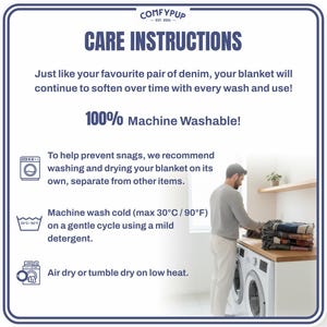 May include: Care instructions for a blanket, including washing and drying tips. The text reads "100% Machine Washable!" and recommends washing cold (max 90&deg;F) on a gentle cycle. A person is shown near a washing machine.