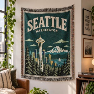 Geweven deken in vintage Seattle-stijl / Plaid uit de staat Washington / Decoratie met Space Needle en Mount Rainier / Reiscadeau uit de Pacific Northwest