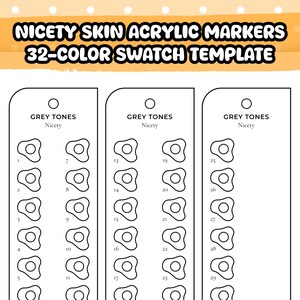 Super schönes 32 Hauttöne Swatch Template | Acryl-Marker einseitige Farbpalette | Digitale Marker Test Sheets PDF