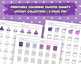 May include: Printable coloring swatch charts for witches. The charts feature different witchy items like hats, cauldrons, and books. Each item is outlined in black and ready to be colored in.