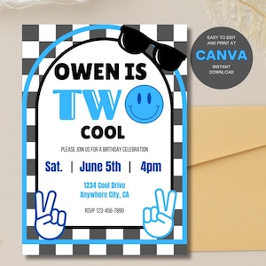 Editable TWO Cool Birthday Invitation, Second Birthday, Two Cool, Cool Dude, Birthday Invitation, Smiley Face Invitation