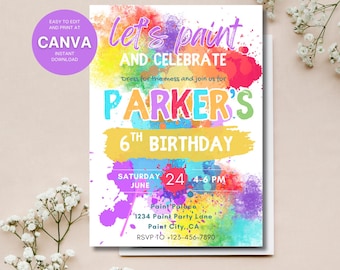 Convite de aniversário editável "Vamos pintar e comemorar", convite para festa de pintura, convite de aniversário com arte colorida, modelo digital 5x7 para download