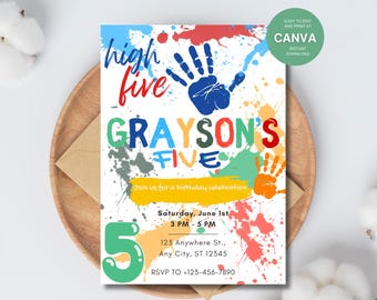 Editable High Five 5th Birthday Invitation, Paint Invitation, 5th Birthday Invitation, High Five