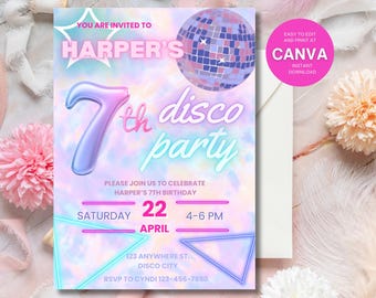 Editable 7th Birthday Invitation, 7th Disco Birthday Invitation, Neon Birthday Invitation,  Disco Party, Digital Download, Canva Invite