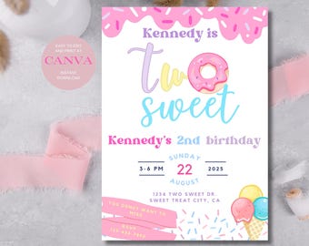 Editable TWO Sweet Birthday Invitation, 2nd birthday invitation, Sweet Treats Birthday, Two Sweet