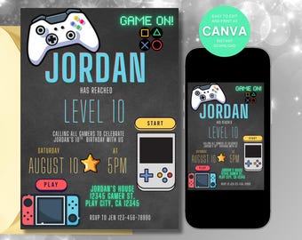 Editable Game On Birthday Invitation, Gaming Party Invitation, Level Up Birthday Theme, Video Game Birthday Invitation, Any Age Invite