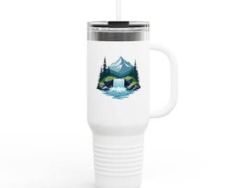 Taza de viaje con diseño de cascada de montaña / Vaso térmico de 40 oz
