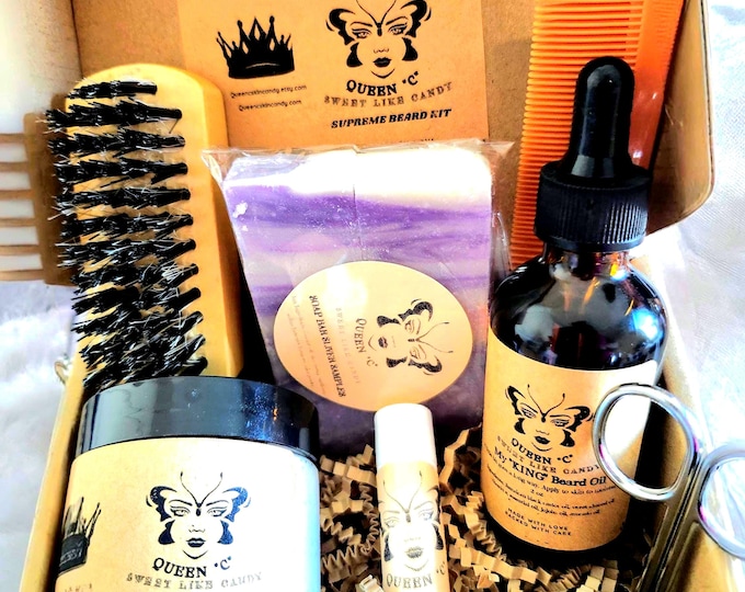 Queen C Supreme "My KING" Beard Kit with FREE 1 oz body oil, Spa Gift Basket, Relaxation Gift Set, Self Care Package, Bath and Body Gift,