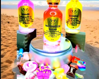 "Candy Trio" Sweet Body Oil Skin Candy Bundle-2oz Watermelon Sugar, Georgia Peach & Mango Pineapple| Scented Body Oil| Perfume Oil| Spa Gift