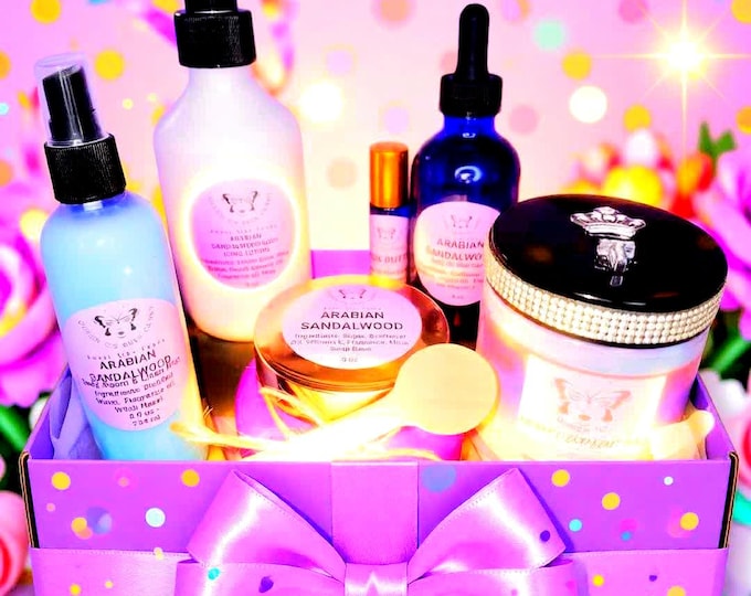 Luxury Deluxe Gift Box-Whipped Body Butter, Sugar Scrub, Body Oil, Body Lotion, Handmade Soap, Scented Candle and Large Gift from Queen C