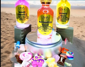 "Candy Trio" Sweet Body Oil Skin Candy Bundle-2oz Watermelon Sugar, Georgia Peach & Mango Pineapple| Scented Body Oil| Perfume Oil| Spa Gift