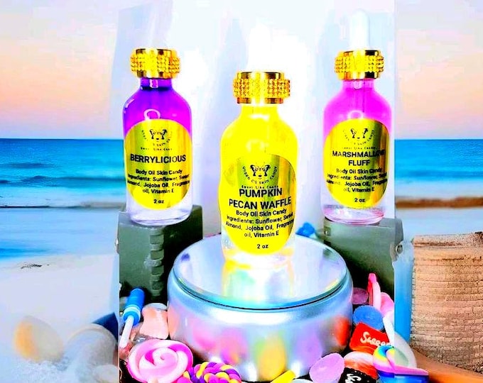 Queen C's Favorites Trio Sweet Body Oil Skin Candy Bundle-2oz Pumpkin Pecan Waffle, Marshmallow Fluff & Berrylicious | Scented Body Oil