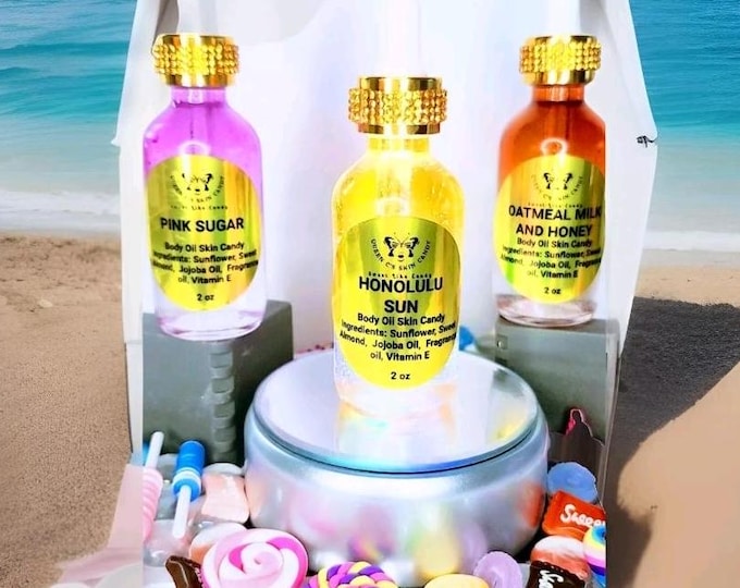 Women's Inspired Trio Sweet Body Oil Skin Candy Bundle-2oz Honolulu Sun, Pink Sugar, Oatmeal Milk & Honey| Scented Body Oil| Gift Set