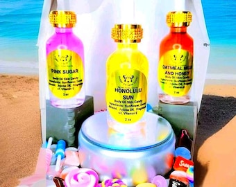 Women's Inspired Trio Sweet Body Oil Skin Candy Bundle-2oz Honolulu Sun, Pink Sugar, Oatmeal Milk & Honey| Scented Body Oil| Gift Set