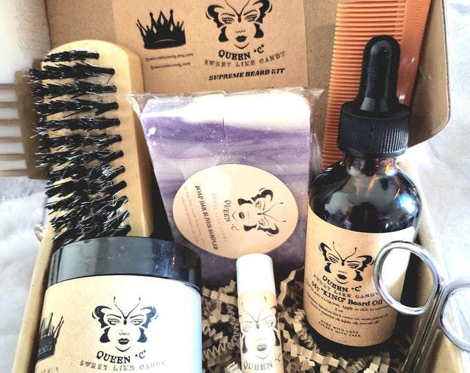 Queen C Supreme "My KING" Beard Kit with FREE 1 oz body oil, Spa Gift Basket, Relaxation Gift Set, Self Care Package, Bath and Body Gift,