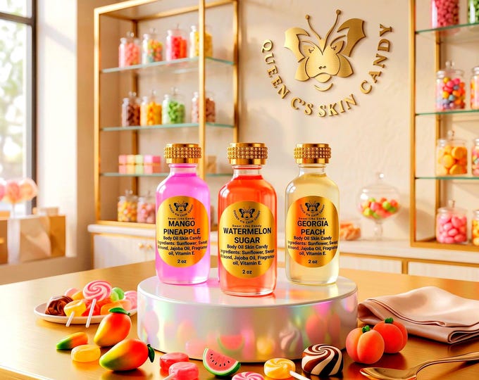 "Candy Trio" Sweet Body Oil Skin Candy Bundle-2oz Watermelon Sugar, Georgia Peach & Mango Pineapple| Scented Body Oil| Perfume Oil| Spa Gift