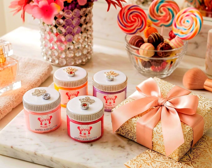 Pick any 4 Sampler Pack - 2 oz each Men and Women Whipped Body Butter skin candy. You can personalize your Bling Lid with initial
