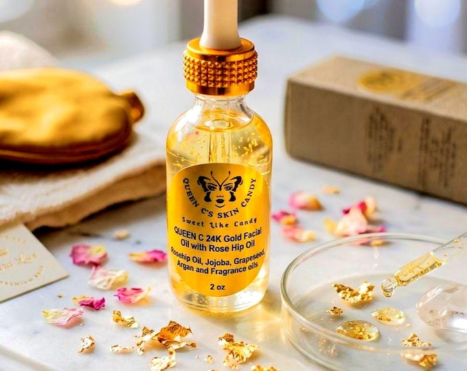 Queen C's 24K Gold Facial Oil with Rosehip Oil & 24K Gold Flakes-unscented or lightly scented 1oz or 2oz|Natural Skincare| Organic Skincare